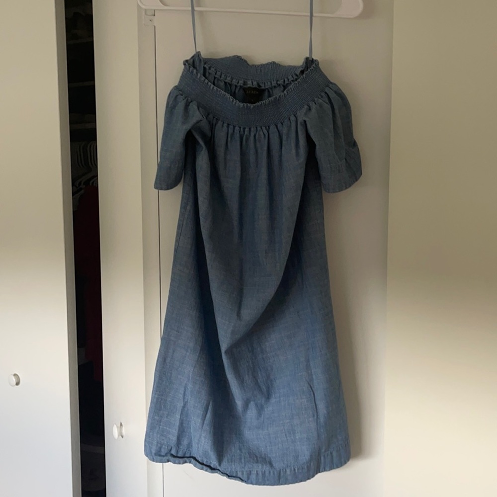 J. Crew off the shoulder smocked chambray dress
